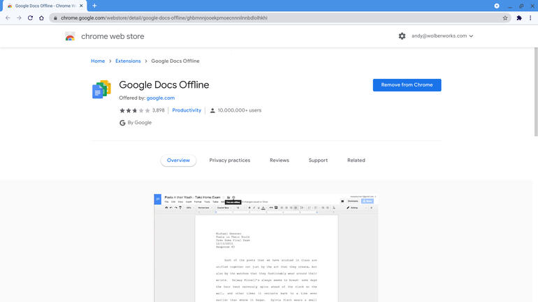 Captura de pantalla de la extensión Google Docs Offline, que indica que ha sido instalada por más de 10 millones de usuarios.