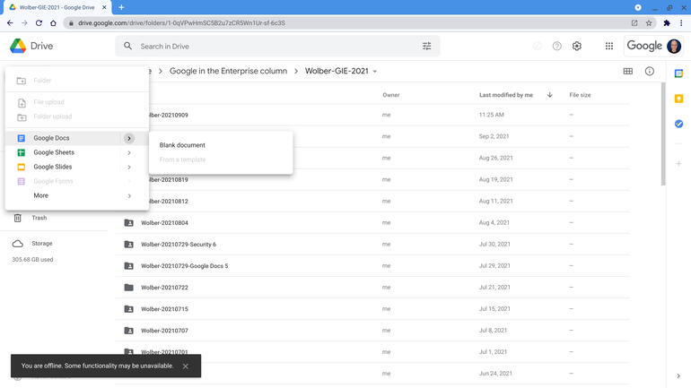 Captura de pantalla de Google Drive con + Nuevo seleccionado y Google Docs |  Se muestra la opción de menú de documento en blanco.