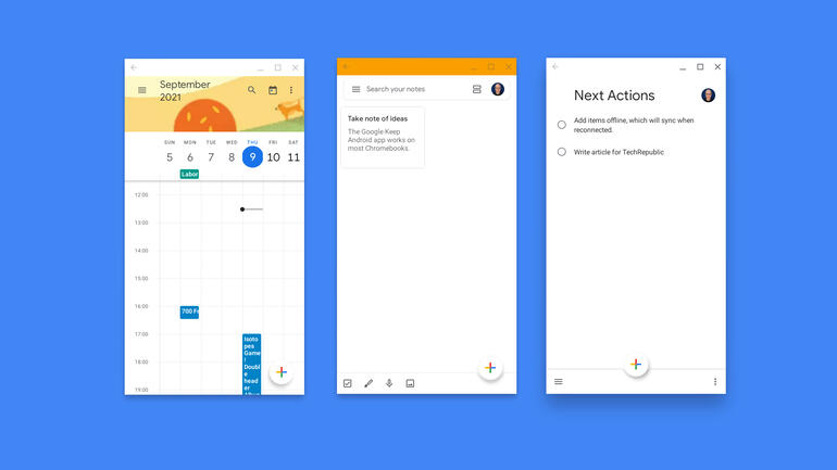 Captura de pantalla de las aplicaciones de Android Calendario (izquierda), Keep (centro) y Tareas (derecha) instaladas y activas en una Chromebook.