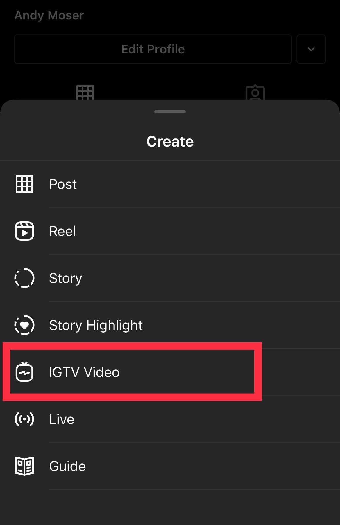 Seleccione "IGTV" Video.