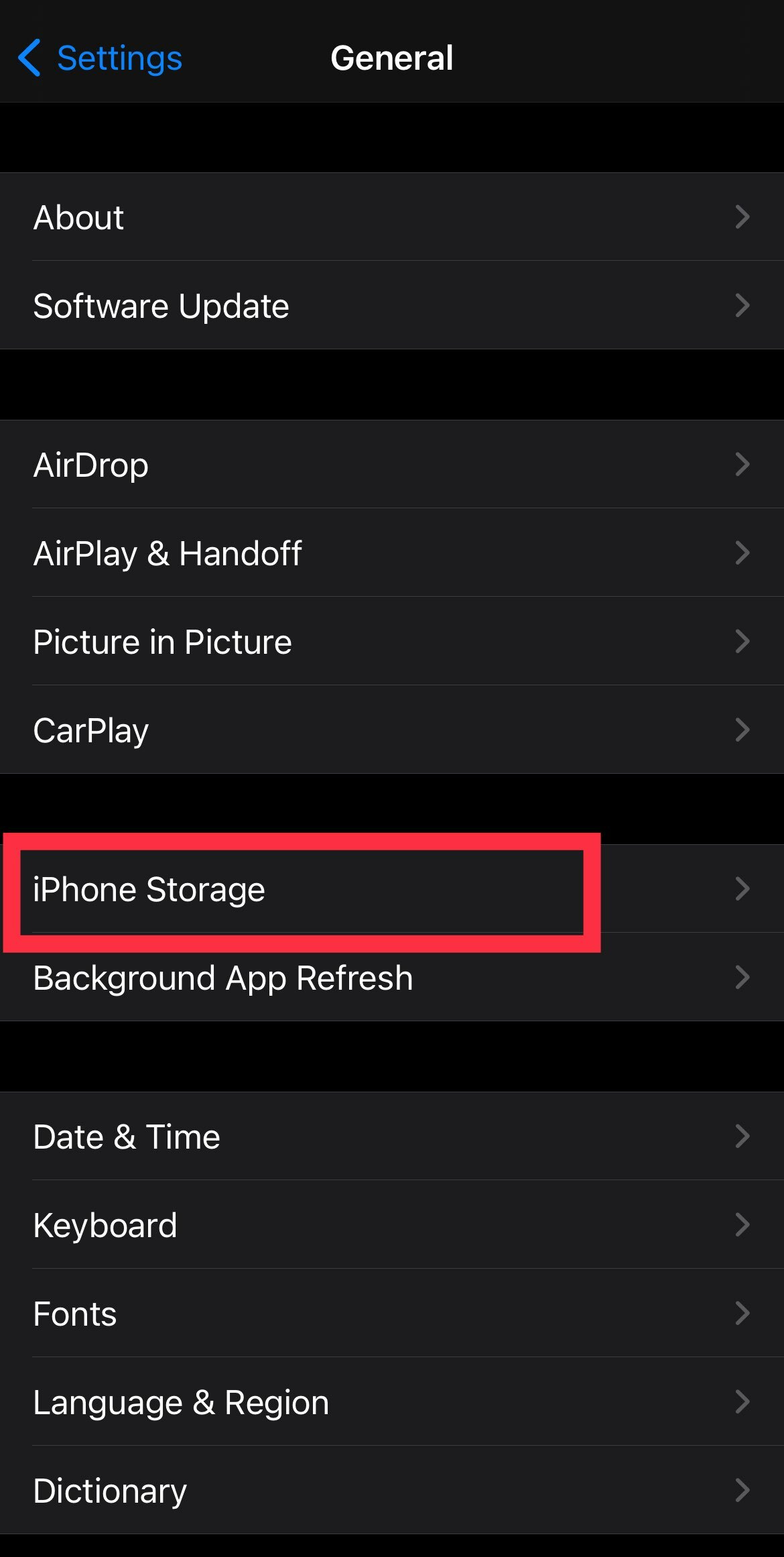 Almacenamiento de iPhone en la configuración