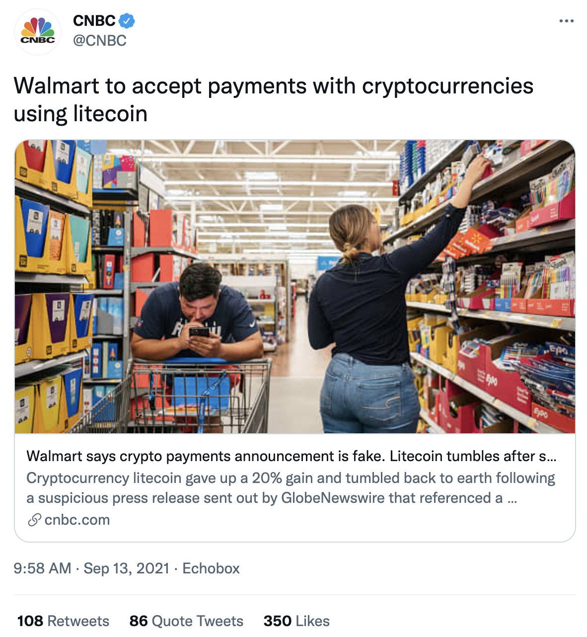 Un tweet de CNBC eliminado desde entonces que comparte la historia de Walmart ahora retractada.