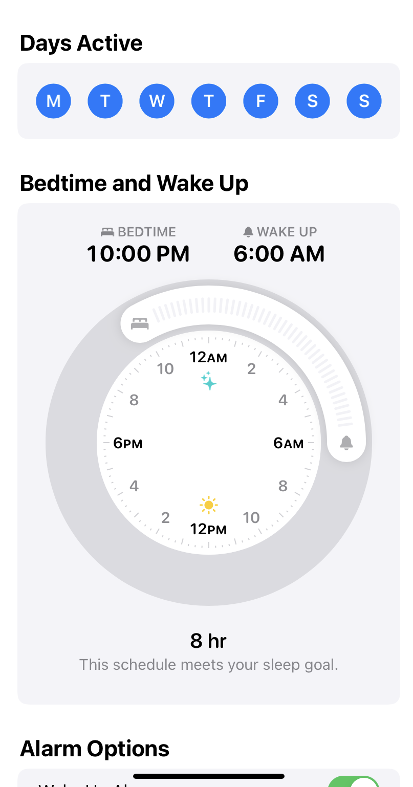 Cómo se ve configurar un horario en Apple Sleep.