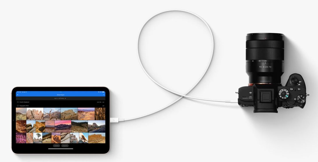 iPad Mini con conexión USB-C a una cámara