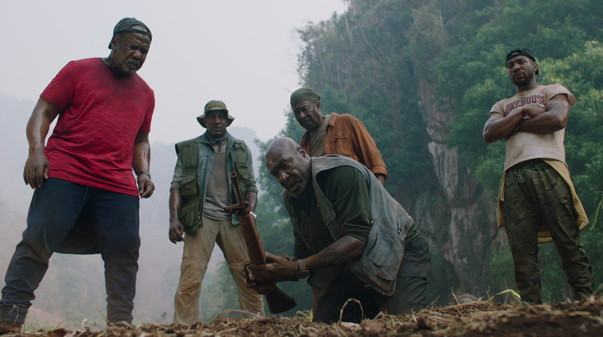 Isiah Whitlock Jr., Norm Lewis, Delroy Lindo, Clarke Peters, and Jonathan Majors in "Da 5 Bloods," in which four friends visit Vietnam to recover what they lost during the war.
