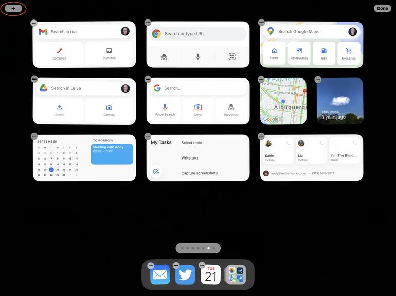 Captura de pantalla del iPad con el modo de edición de aplicaciones / widgets activo y + se muestra en la esquina superior izquierda y con un círculo.