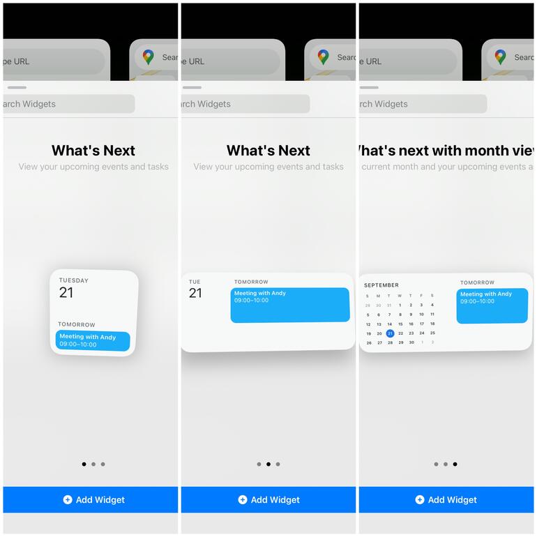 Tres imágenes de widgets de Google Calendar: (izquierda) cuadrado pequeño, con una reunión en pantalla, recurso compartido rectangular más grande (en el medio) con una reunión en pantalla, (derecha) widget rectangular con mes a la izquierda de una reunión en la lista.