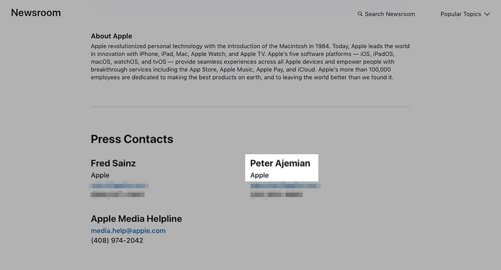Un comunicado de prensa de Apple con el nombre y la información de contacto de Peter Ajemian.