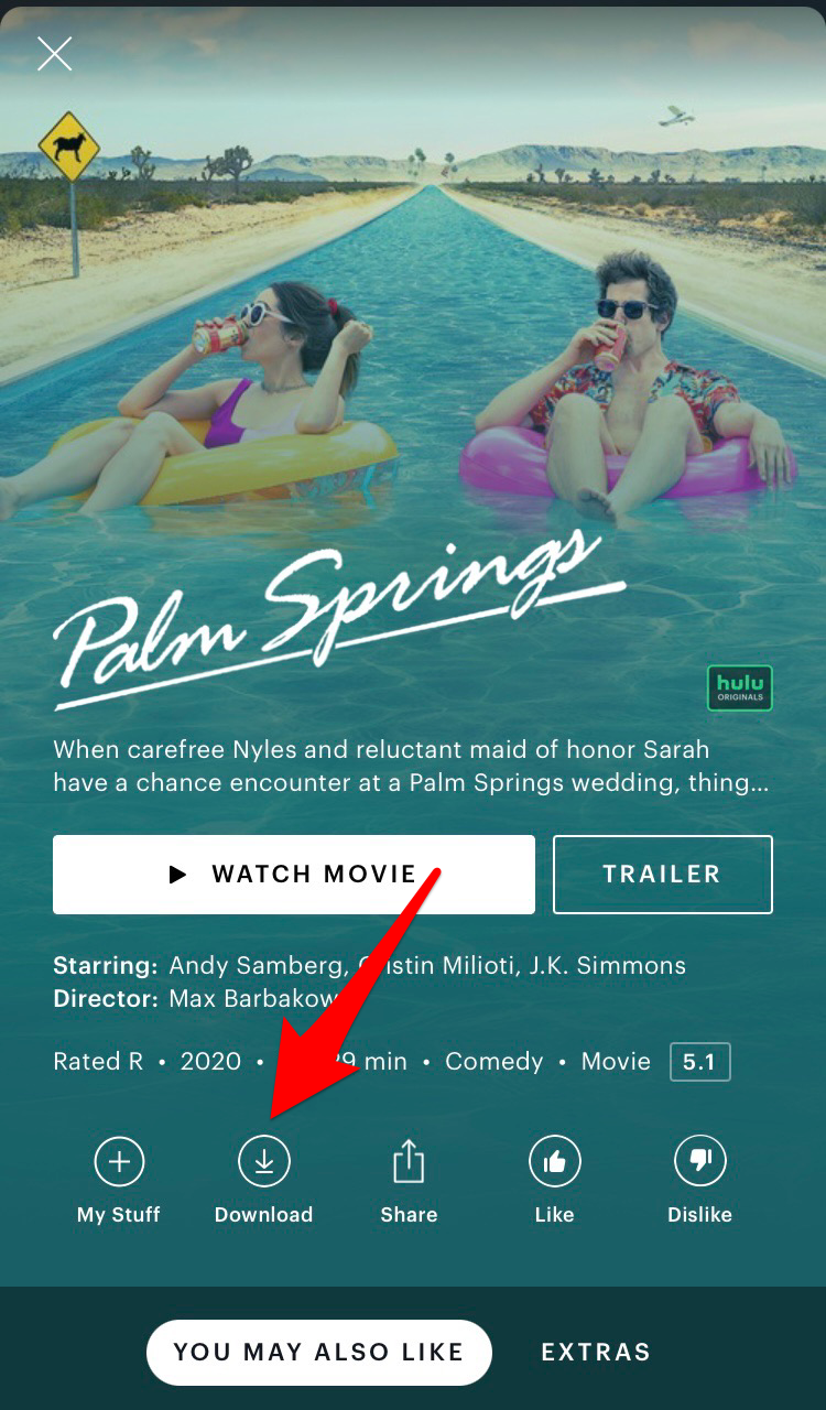 Toque el icono de descarga para descargar una película en Hulu.