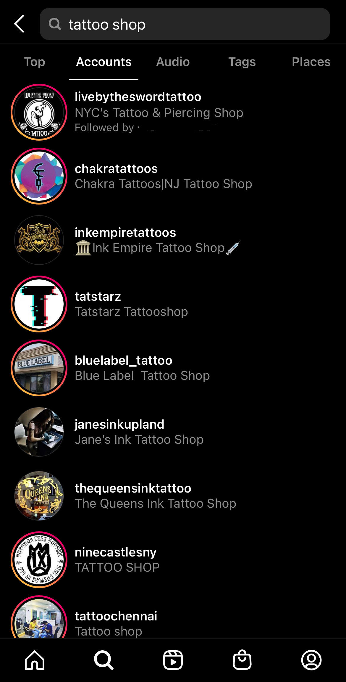 Los resultados de la cuenta cuando busco "tienda de tatuajes" en Instagram