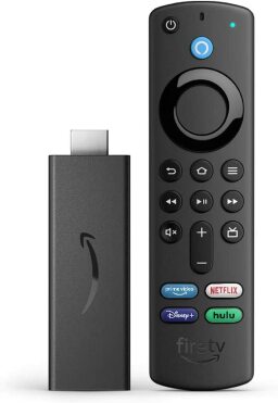 Fire TV Stick de Amazon de pie junto al control remoto de voz de Alexa actualizado