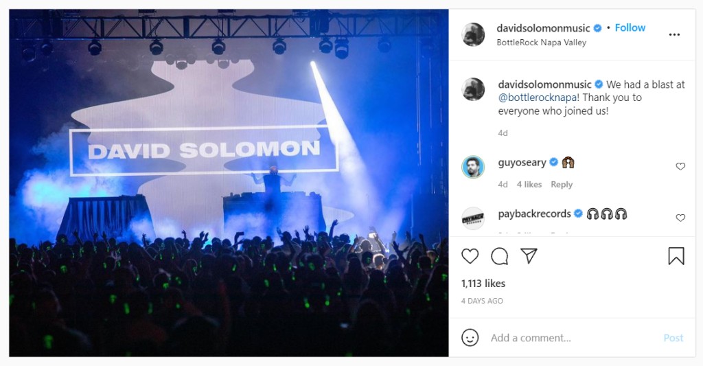 Publicación de Instagram que David Solomon publicó un mes después del concierto