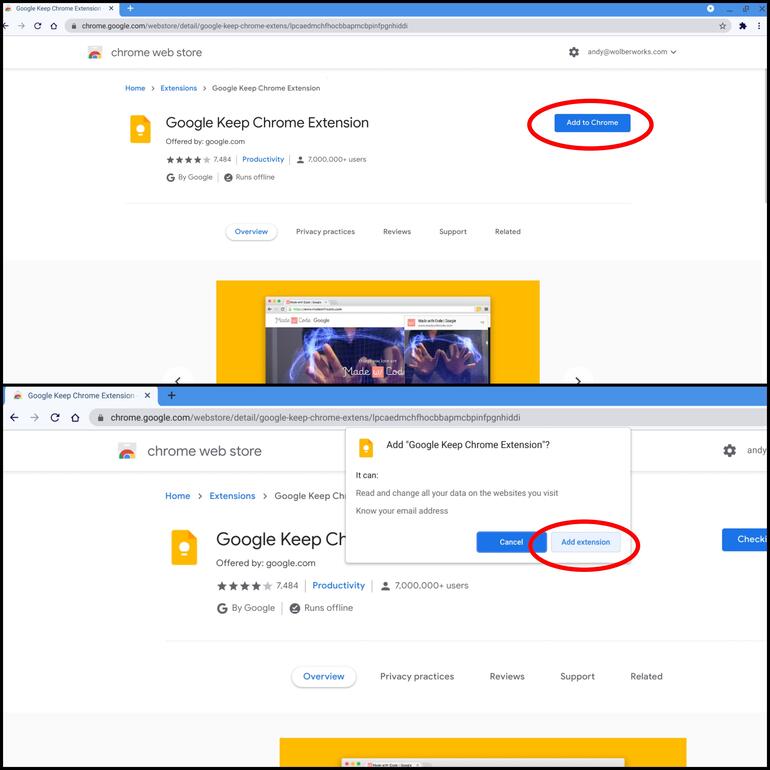 Capturas de pantalla que muestran la página web de la extensión de Chrome de Google Keep (arriba) con Agregar a Chrome en un círculo y (abajo) el mensaje que busca confirmación (