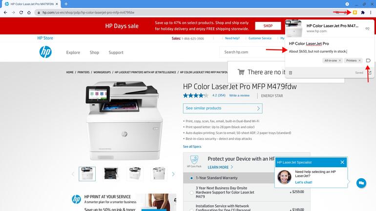 Captura de pantalla que muestra la extensión Keep seleccionada en una página de detalles de la impresora HP, con el enlace en la parte superior de la nota, texto agregado por el autor en la nota 