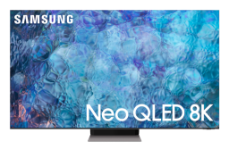 Televisor Samsung Neo QLED con salvapantallas abstracto azul