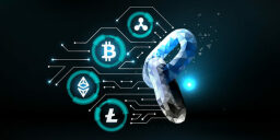 logotipos de criptomonedas azules y blancos sobre un fondo negro