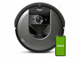 Roomba negro con teléfono en la aplicación iRobot