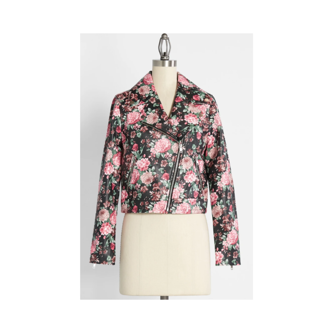 chaqueta moto de cuero floral