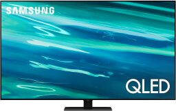 TV con salvapantallas azul y texto. "Samsung QLED"