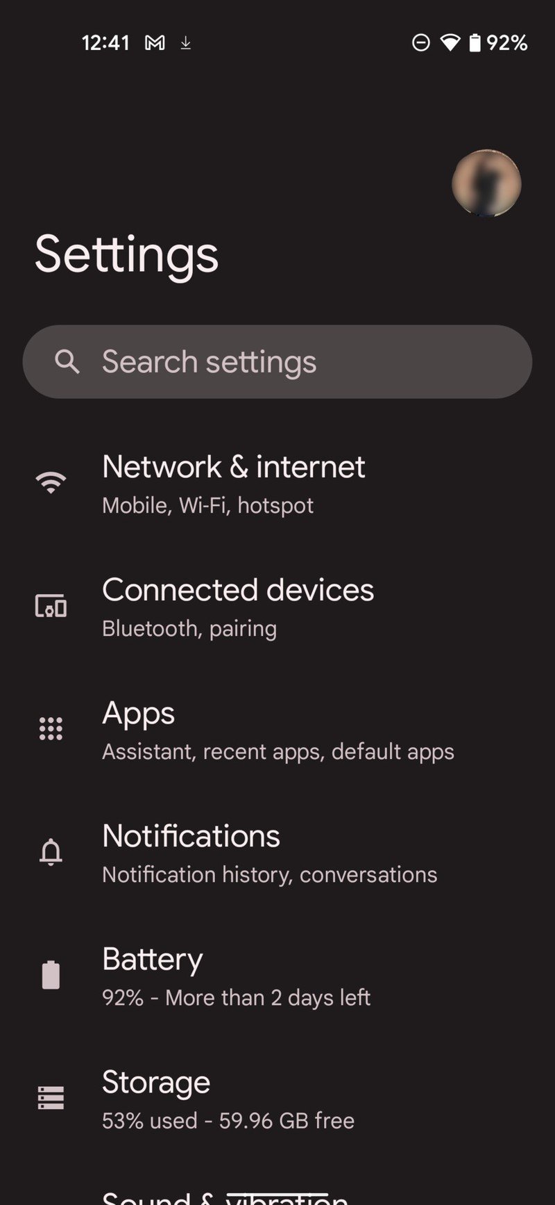 Captura de pantalla de configuración de Android 11
