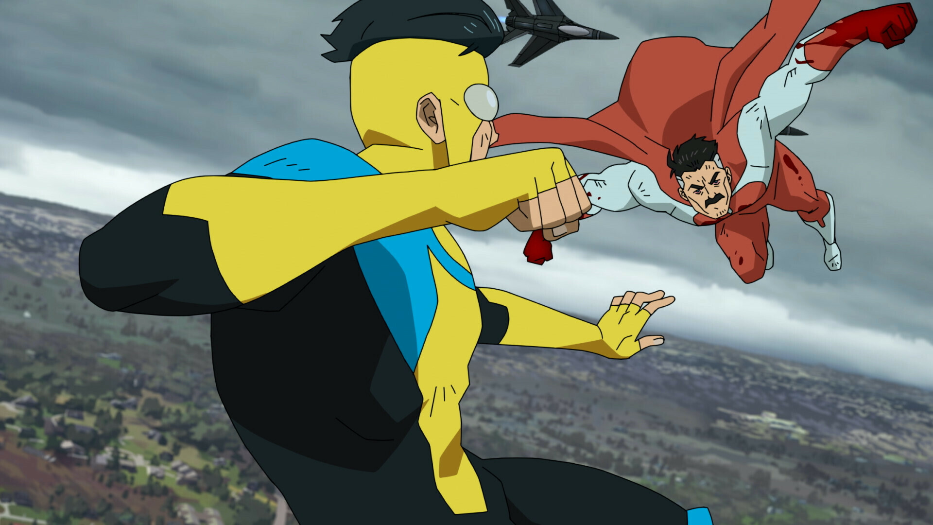 Mark Grayson (voiced by Steven Yeun) and Omni-Man (voiced by J.K. Simmons) in 'Invincible.'