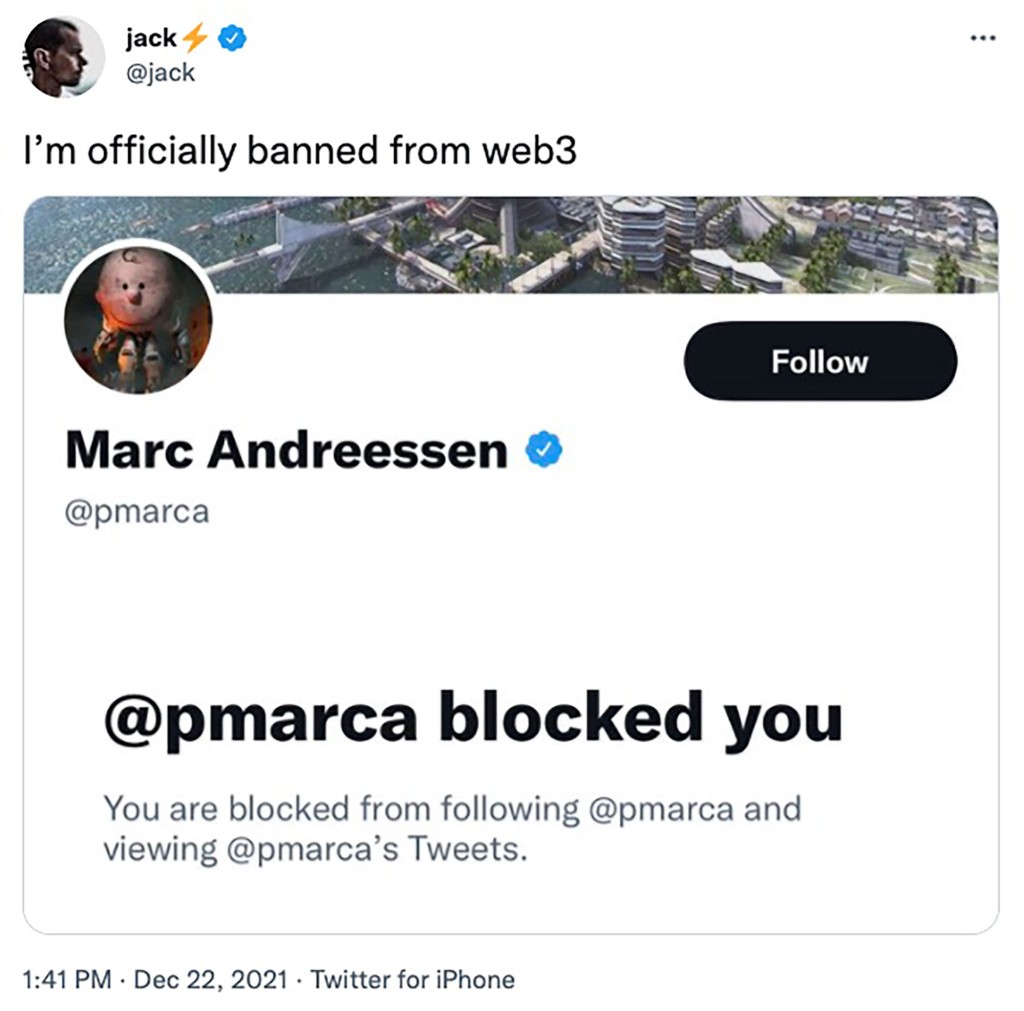 Andreessen bloqueó a Dorsey en Twitter el mes pasado.