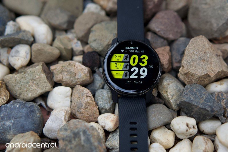 The Garmin Venu 2 Plus with a custom watchface showing recent workouts and Vo2 Max