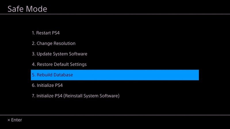 Pantalla de reconstrucción de base de datos de reconstrucción de PS4