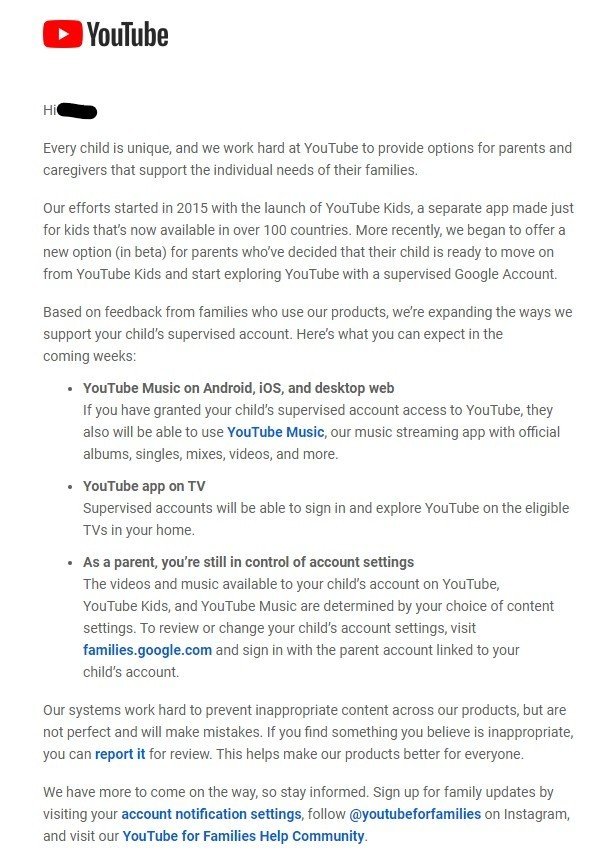 Aviso de cuentas supervisadas de YouTube