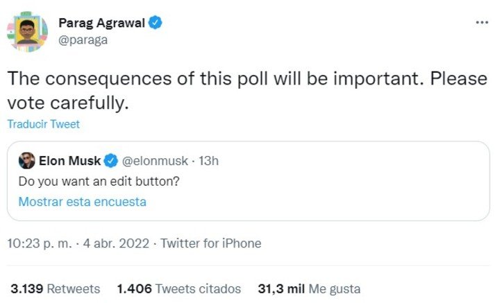 Parag Agrawal, CEO de Twitter, se unió a la encuesta de Musk y preguntó "vota con cuidado".