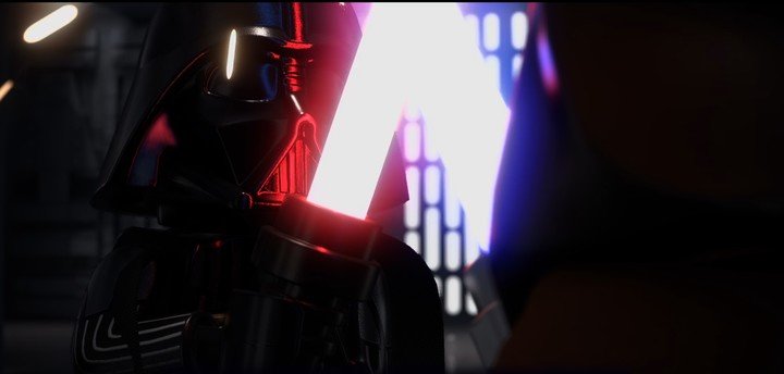 La pelea entre Darth Vader y Obi Wan Kenobi, como en el Episodio IV, pero en la saga LEGO Star Wars: The Skywalker.