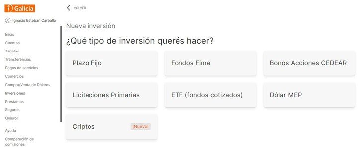 En el menú de home banking puedes elegir entre cuatro tipos de criptomonedas.