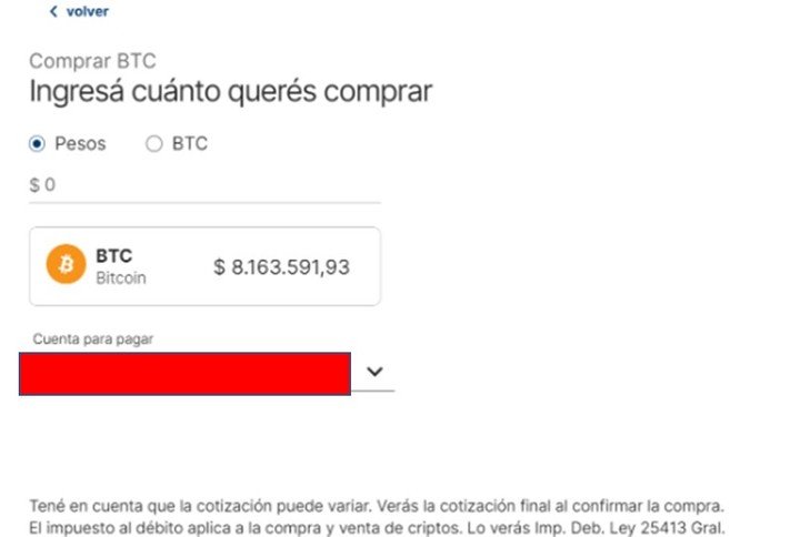 Al momento de colocar la cantidad de pesos, la plataforma descontará la cantidad de criptomonedas que se pueden comprar.