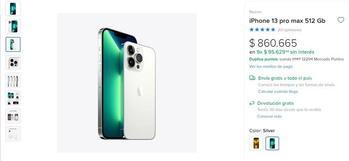 El iPhone 13 Pro Max está cerca de los 900 mil pesos en la tienda de Apple en Mercado Libre.