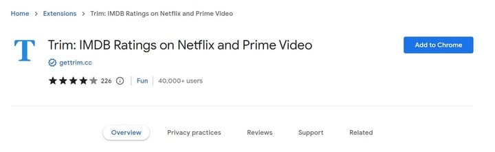 La extensión Trim para el navegador Google Chrome que te permite calificar lo que estás viendo en Netflix.