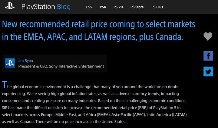 La publicación de Sony que explica la subida de precios de PS5.  foto sony