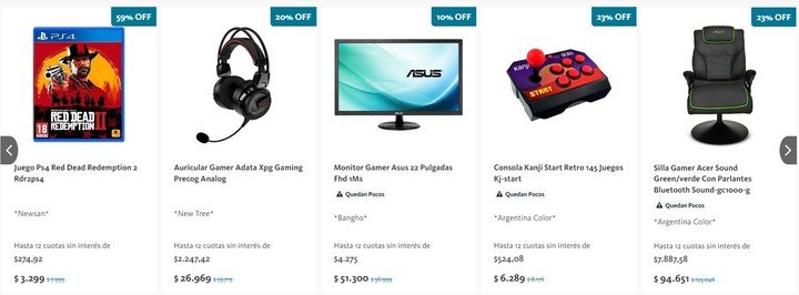 Algunos de los productos destacados para gamers en la tienda del Banco Nación.