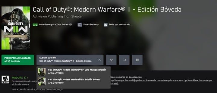 Precios de Call of Duty: Modern Warfare 2 en Xbox Series X/S.