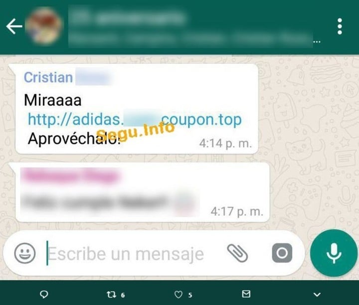 Capturas de pantalla del mensaje que llega por WhatsApp donde regalan zapatillas pero que es una estafa.  (Segu.info)