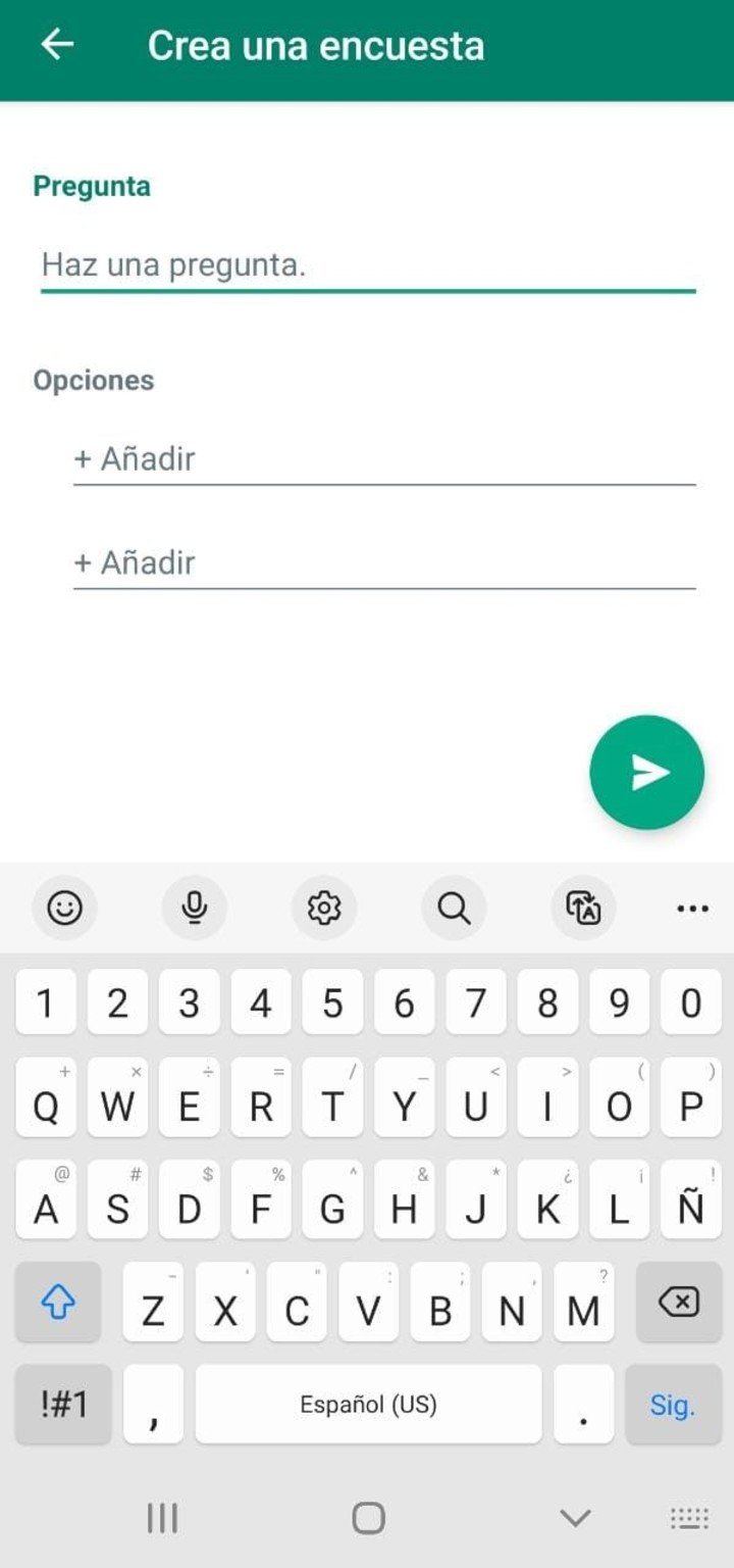 La pantalla con las opciones para generar una encuesta de WhatsApp.  Foto: captura.