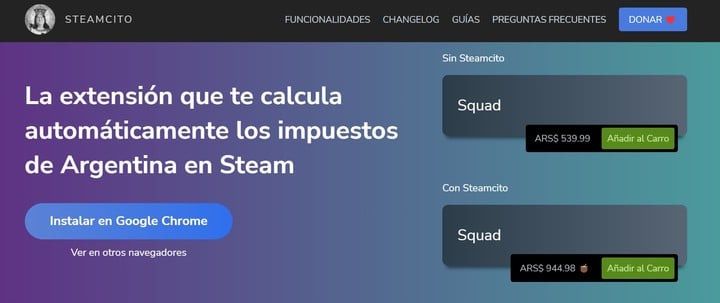 El desarrollador de Impuesto también programó una extensión para navegadores Chrome que calcula el precio de los videojuegos en la tienda Steam.  Foto: captura.