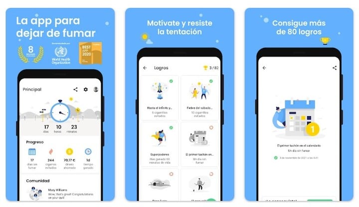 ¡Quitnow!  proporciona diversas herramientas para dejar de fumar.