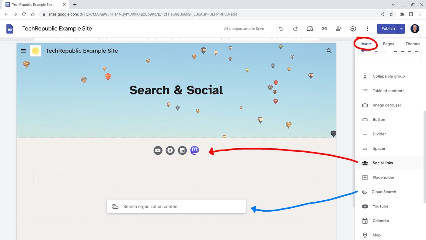 Agregar búsqueda en el sitio y botones sociales a Google Sites.