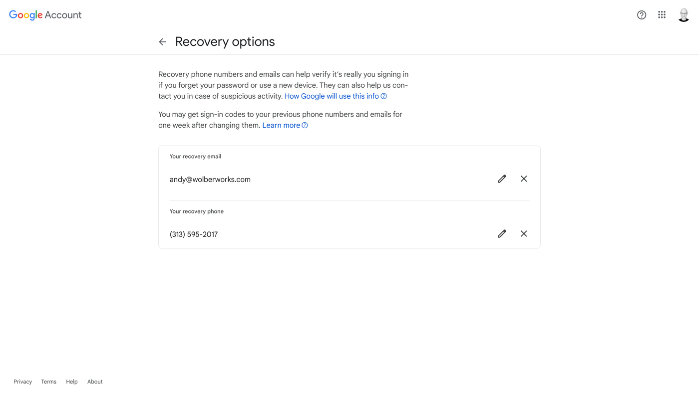 Configuración de recuperación de Google para correo electrónico y teléfono.