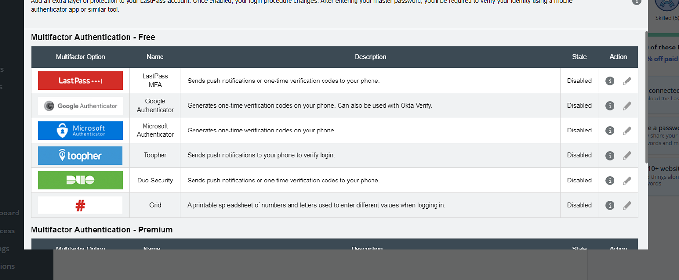 Captura de pantalla de las opciones de MFA para LastPass Free.