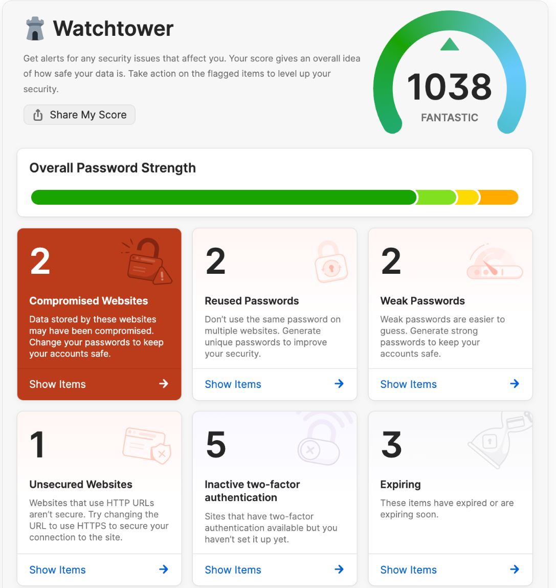 Captura de pantalla de 1Password Watchtower.