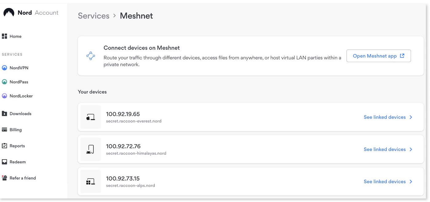 Captura de pantalla de NordVPN Meshnet.