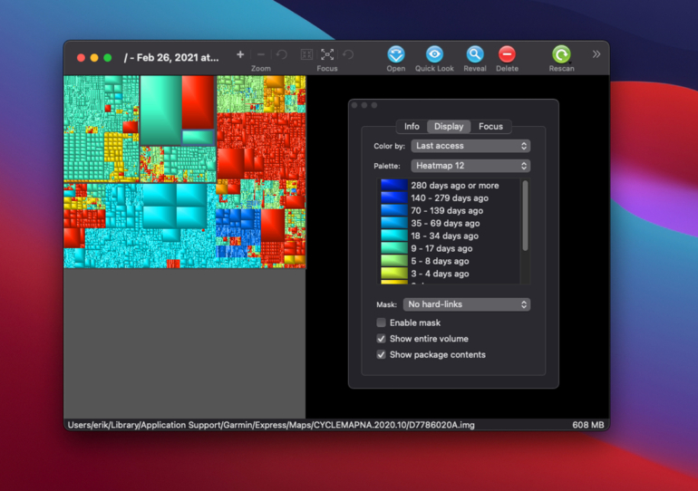 GrandPerspective es una utilidad de terceros que ayuda a identificar rápidamente archivos grandes almacenados en una Mac para ayudar a administrar y archivar datos.