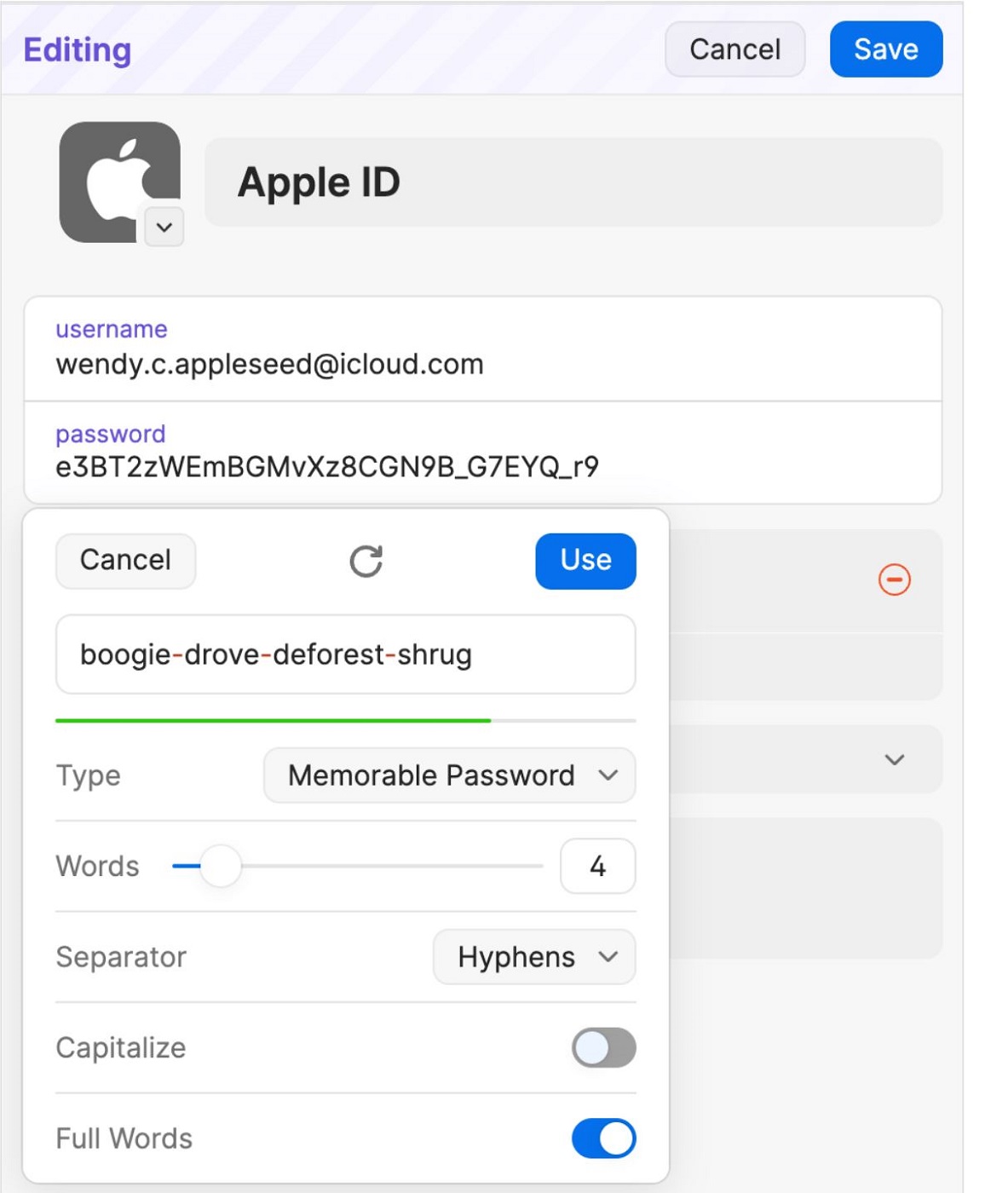 Generador de contraseñas 1Password en iOS.