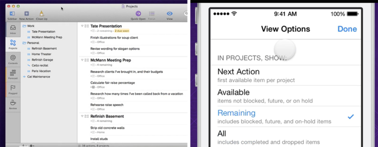 Perspectivas y opciones de visualización en OmniFocus.